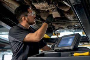 Technician testing transmission pressure in service bay