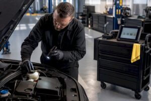 Technician inspecting anonymous European vehicle engine