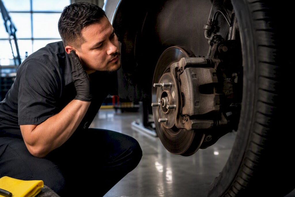 Technician inspecting an anonymous brake assembly