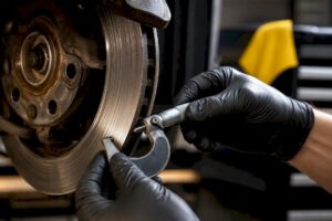 Technician measuring brake rotor thickness