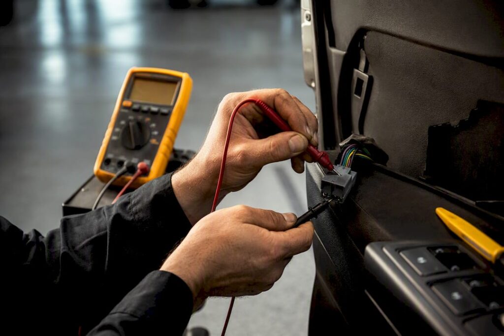 Technician testing power window wiring