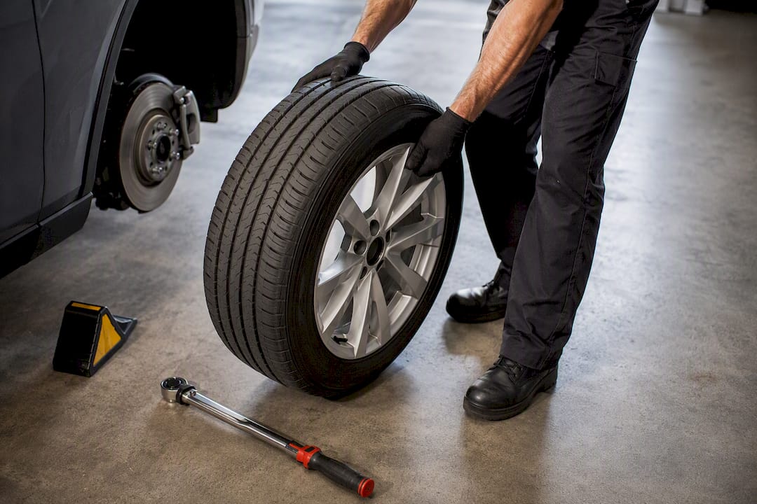 Technician moving wheel during tire rotation