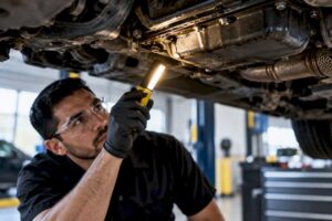 Technician tracing an oil leak underside