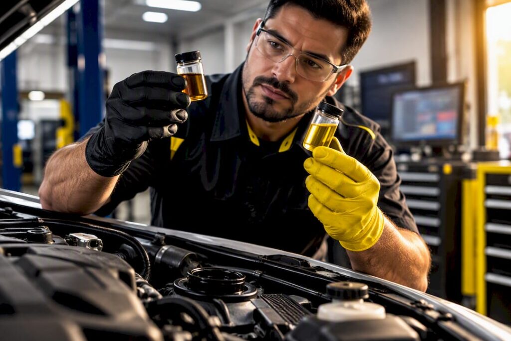 Technician comparing engine oil samples