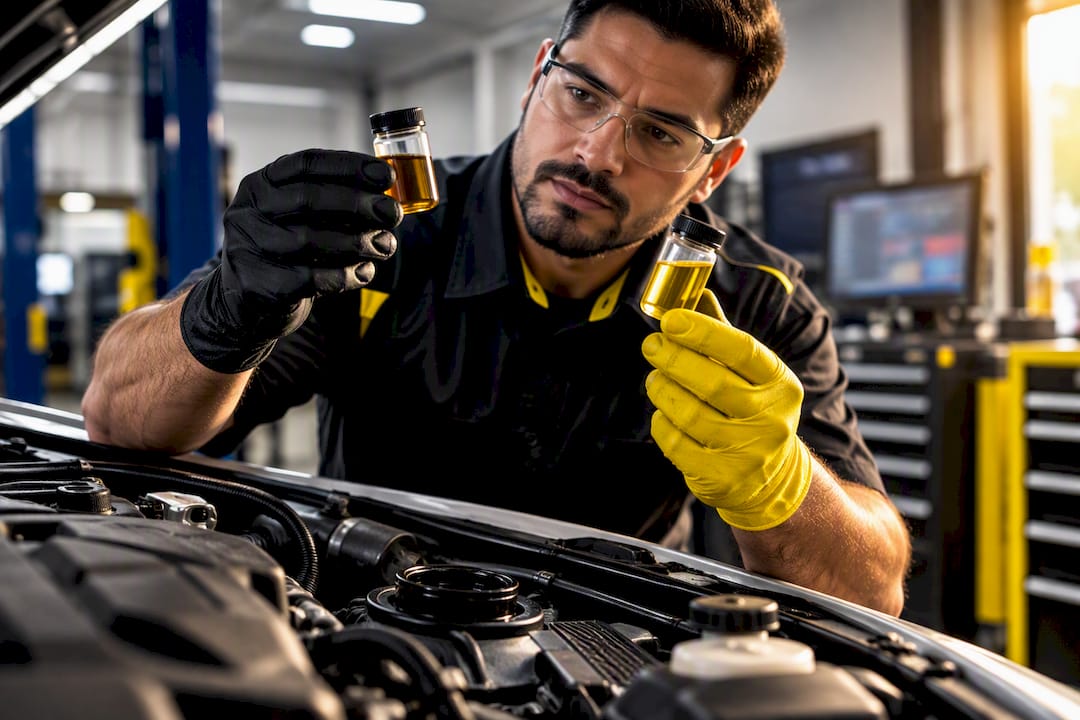 Technician comparing engine oil samples