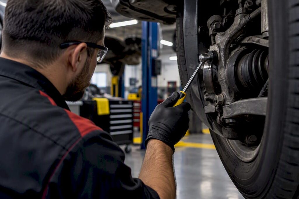 Technician diagnosing an anonymous wheel bearing