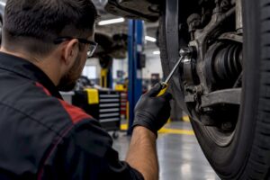 Technician diagnosing an anonymous wheel bearing