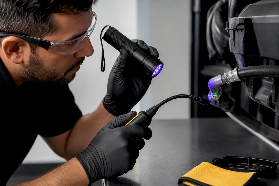 Technician using UV lamp for AC leak