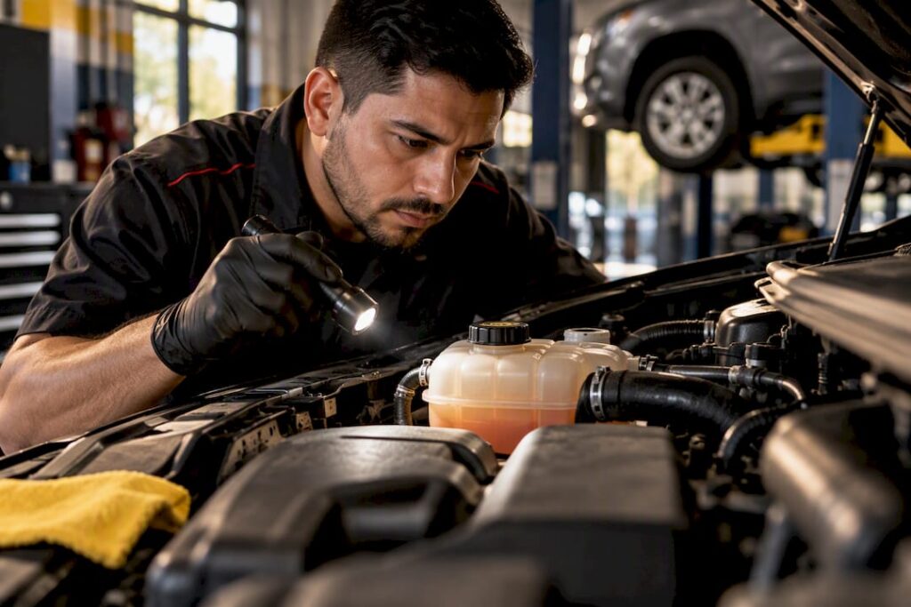 Technician inspecting a vehicle coolant reservoir