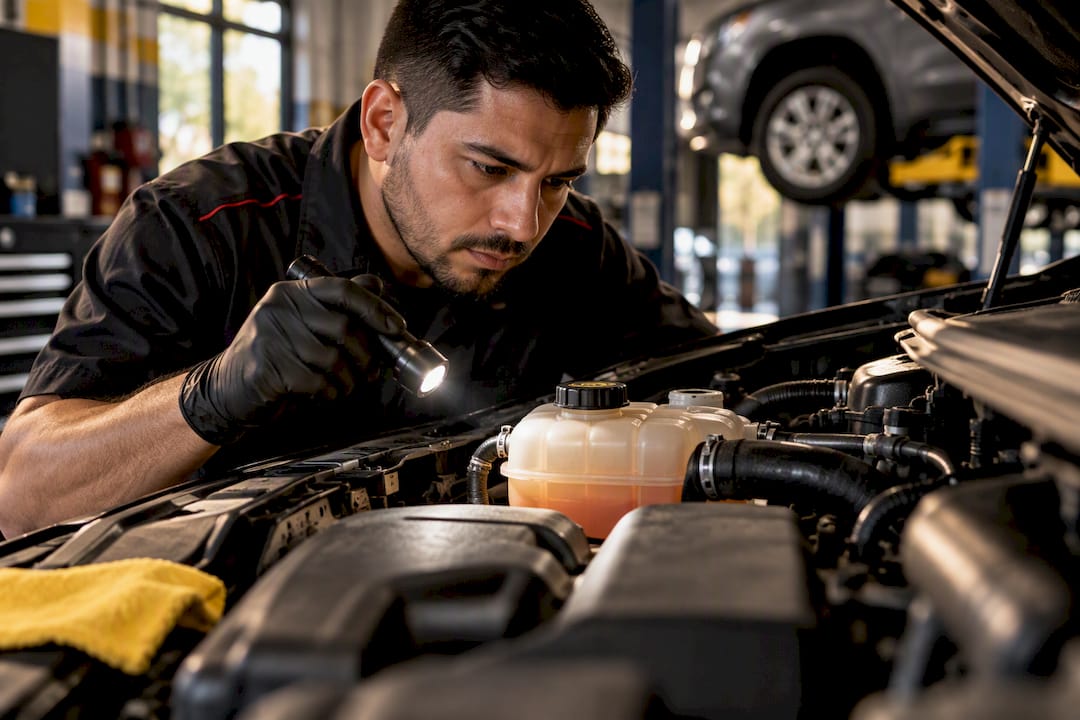 Technician inspecting a vehicle coolant reservoir