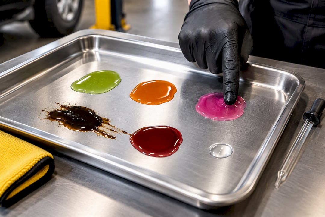 Automotive fluid samples showing different colors