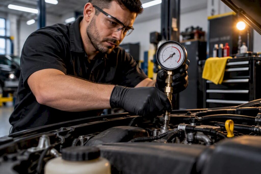 Technician checking fuel pressure with gauge