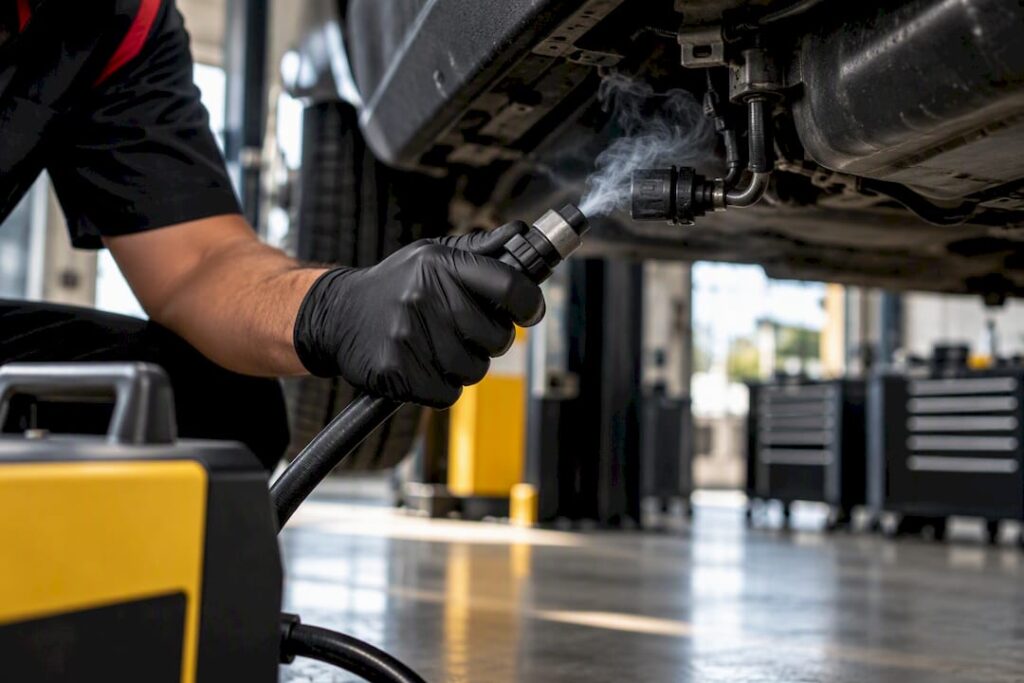 Technician tracing smoke at an EVAP connection