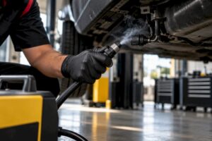 Technician tracing smoke at an EVAP connection
