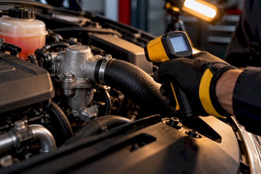 Technician checking thermostat coolant hose