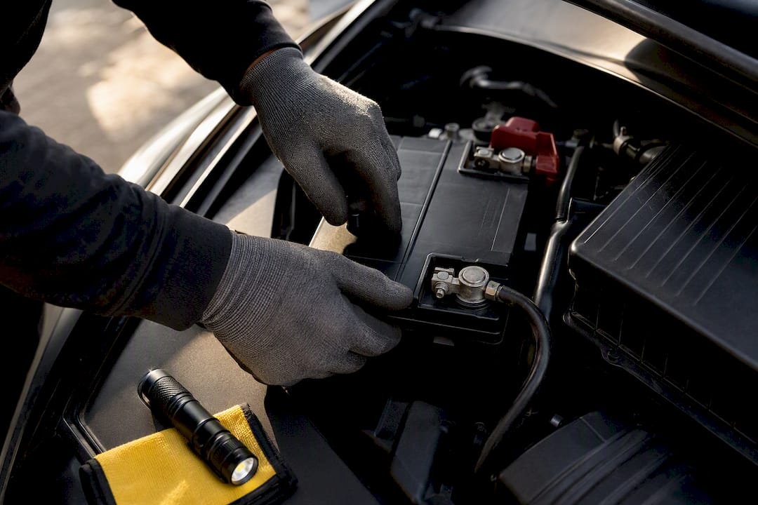 Hands inspecting battery terminals safely