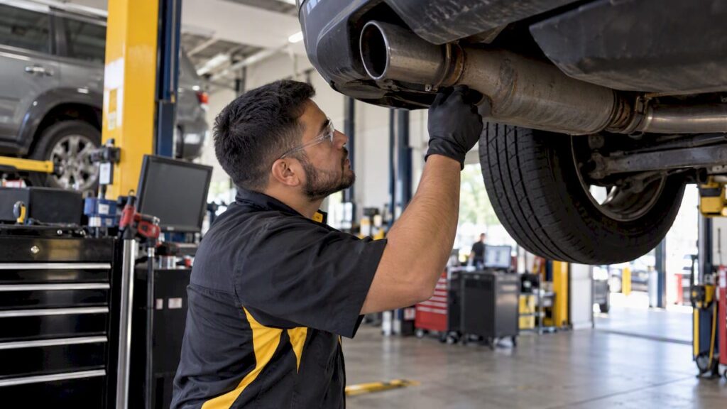 Technician inspecting vehicle exhaust system