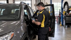Technician diagnosing vehicle ABS system