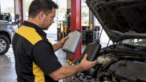 Technician comparing motor oils beside vehicle