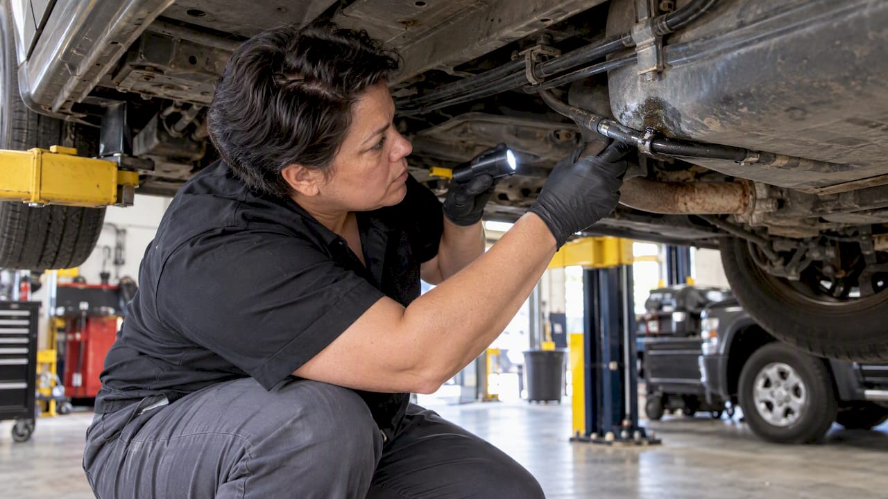 Technician examining wet fuel line