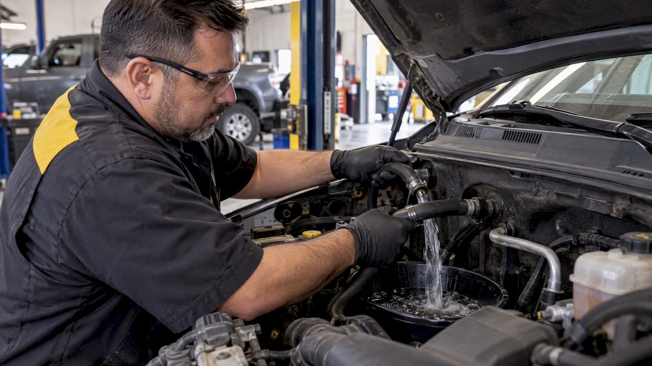 Technician flushing a car’s heater core hoses