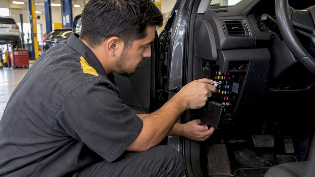 Technician checking a car’s cabin fuse panel