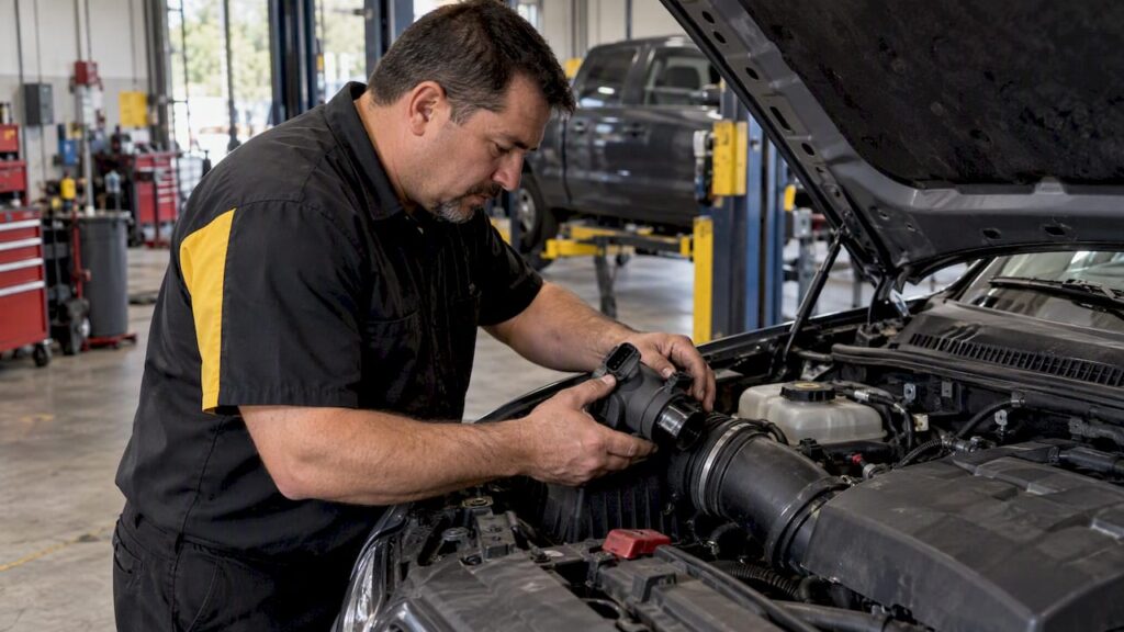 Technician inspecting a mass air flow sensor