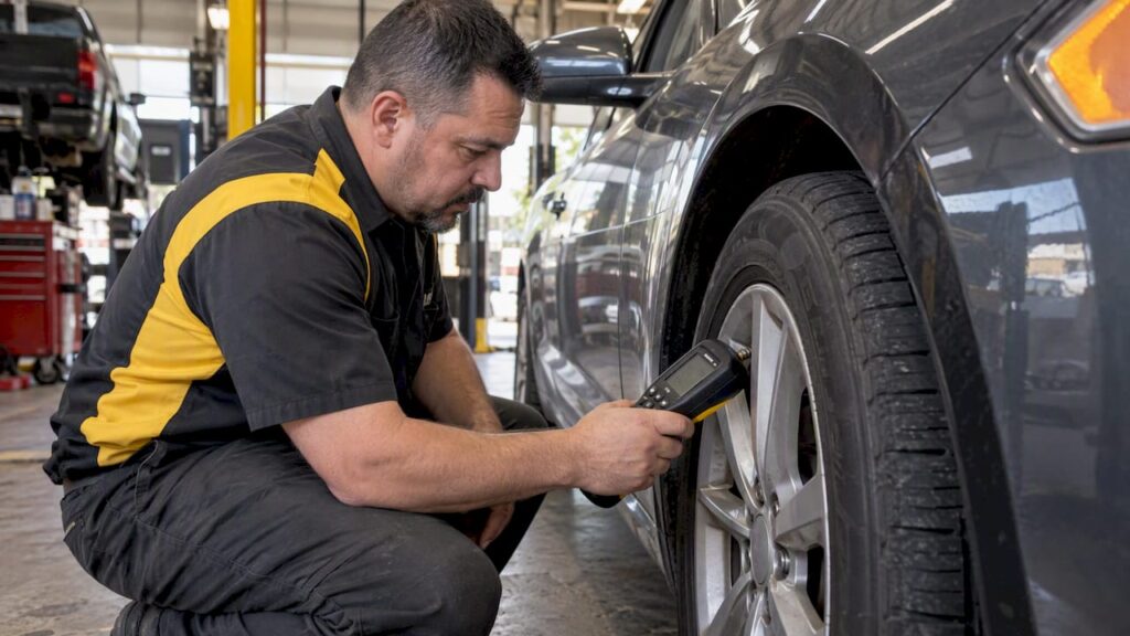 Technician testing a tire pressure sensor