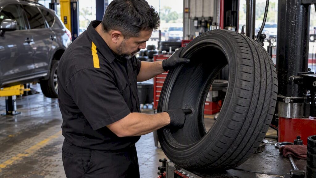 Technician inspects a tire's inner liner