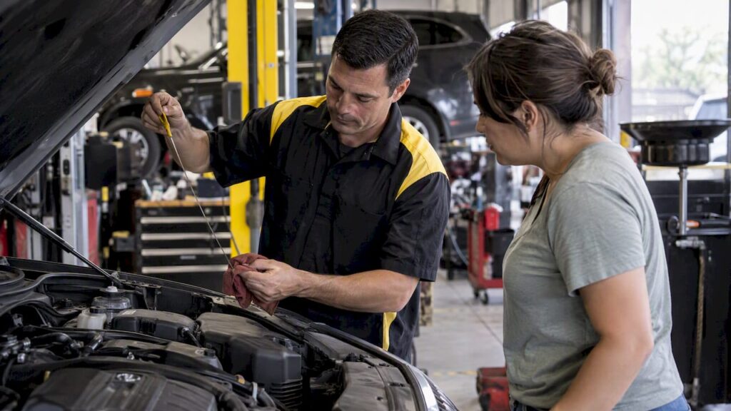 Technician checks engine oil with customer nearby
