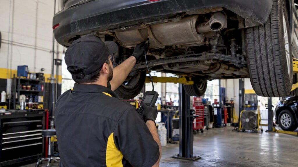 Technician diagnosing vehicle exhaust on lift