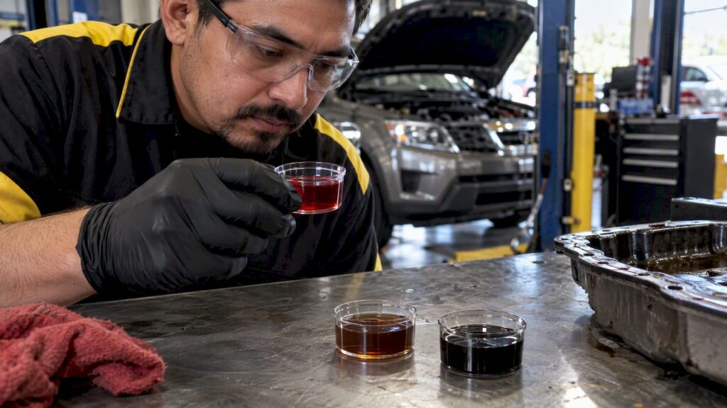 Red, brown, and black transmission fluid samples