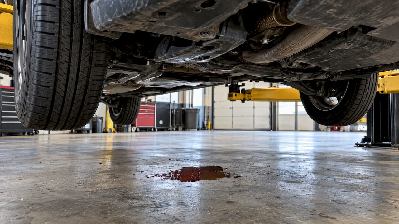Red-brown transmission fluid puddle beneath car