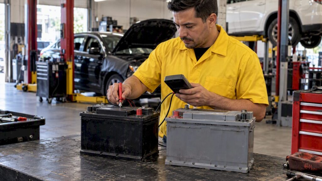 Technician comparing two car batteries