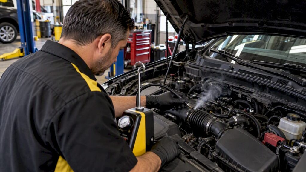 Technician checking an engine intake for leaks