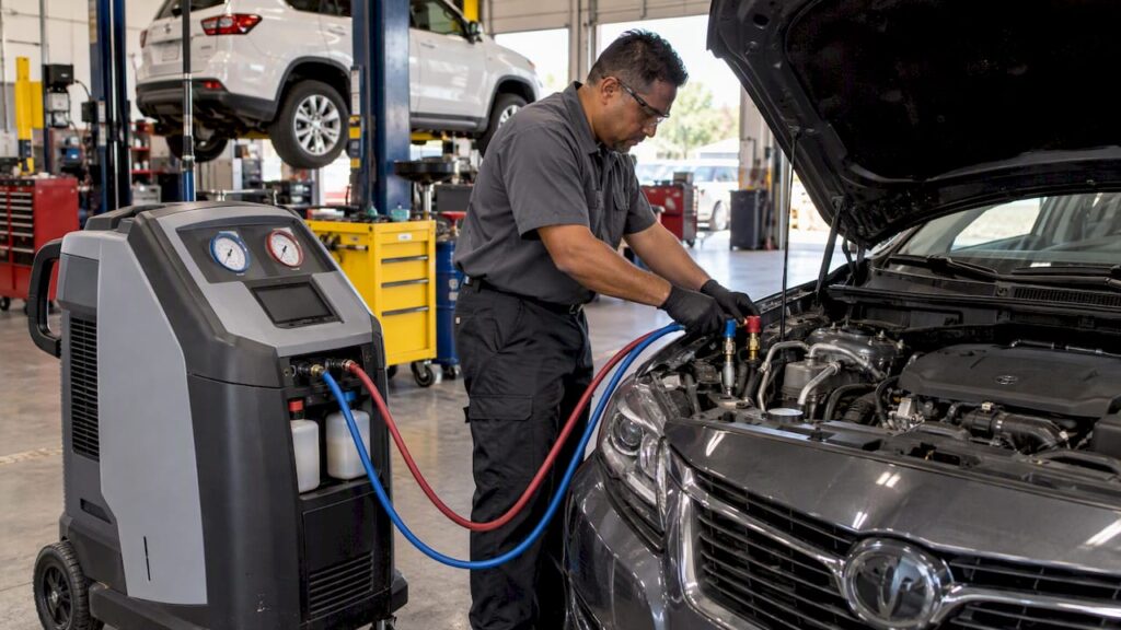 Technician servicing a car air-conditioning system