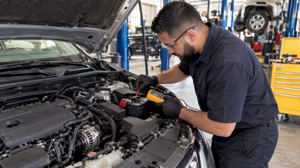 Technician checking a car battery and alternator