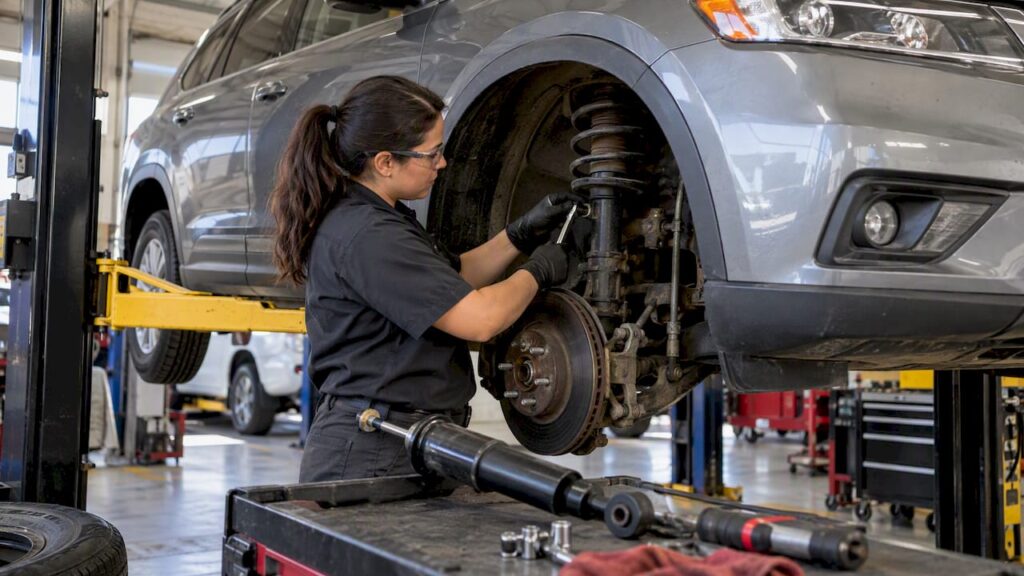 Technician inspecting a vehicle strut and shock