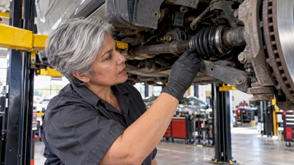 Technician inspecting a CV axle boot on a lift