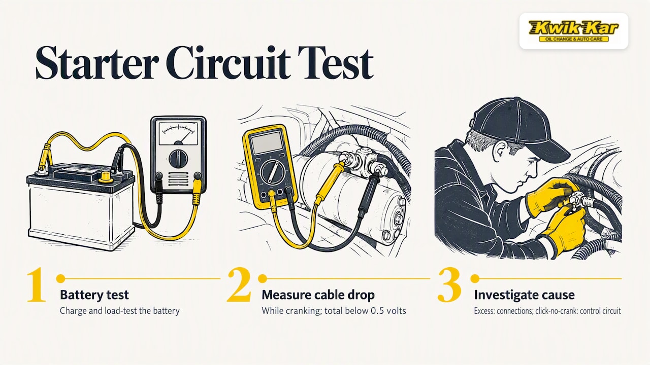 Battery and starter circuit voltage-drop test sequence