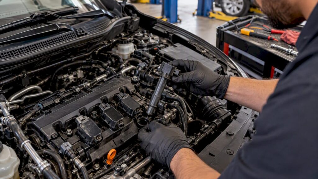 Ignition coil inspected beside an open engine
