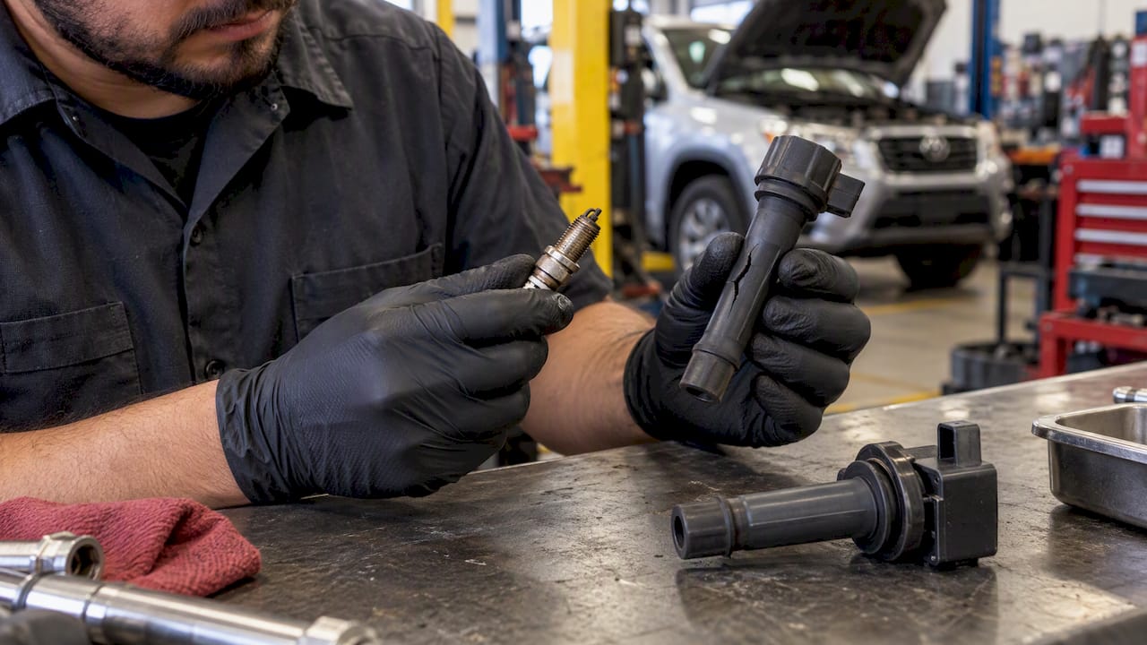 Technician inspecting a coil boot and spark plug