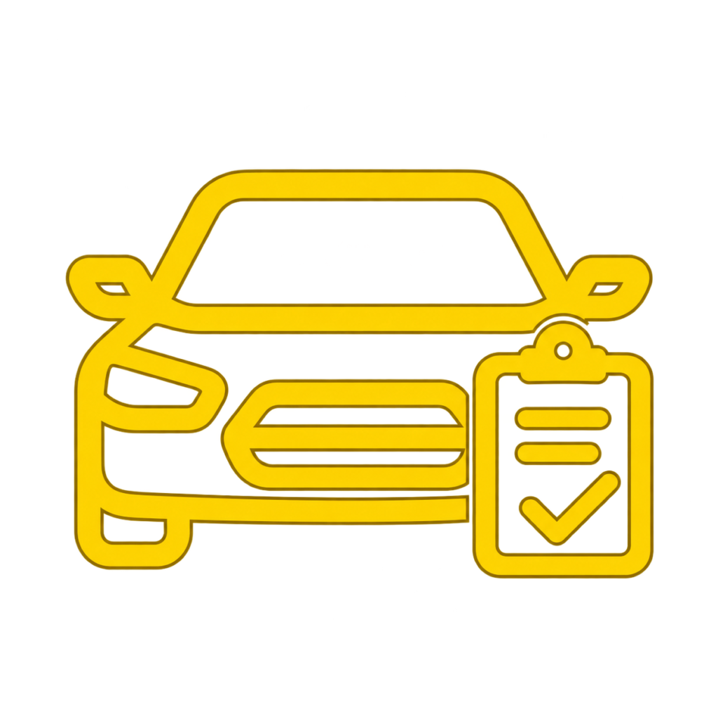 Yellow car and checklist icon for emissions testing and commercial inspections Title: Texas Emissions and Commercial Inspection Icon